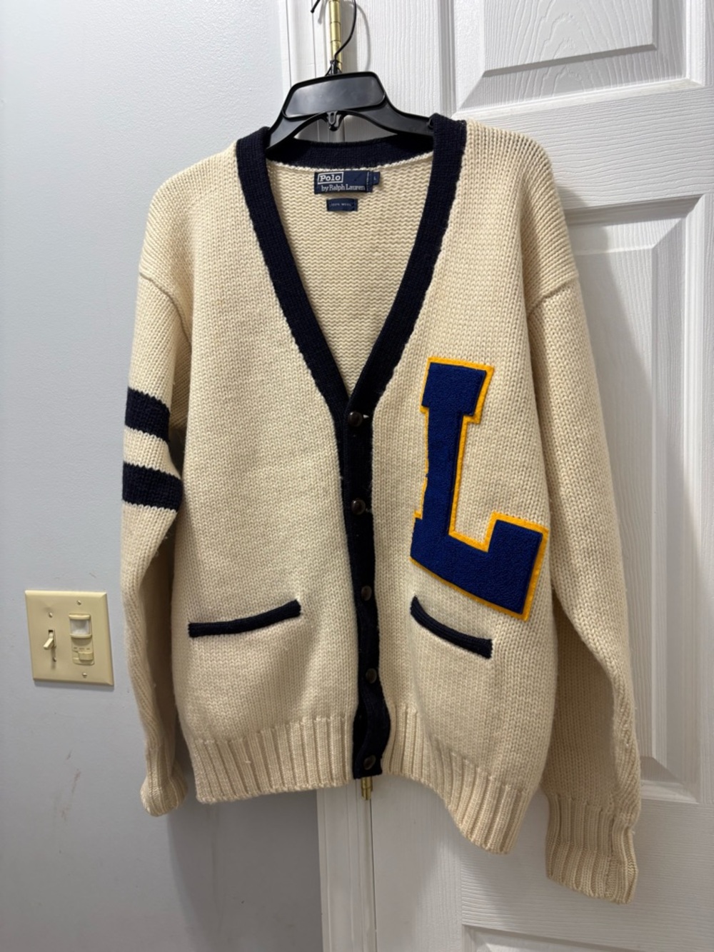 Polo Ralph Lauren Vintage Varsity Patch Cardigan 100% Wool Cream/Navy PRE-OWNED
